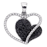 10kt White Gold Womens Round Black Color Enhanced Diamond Double Heart Love Pendant 3/8 Cttw
