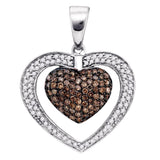 10kt White Gold Womens Round Cognac-brown Color Enhanced Diamond Double Heart Cluster Pendant 1.00 Cttw