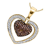 10kt Yellow Gold Womens Round Cognac-brown Color Enhanced Diamond Double Heart Cluster Pendant 1.00 Cttw