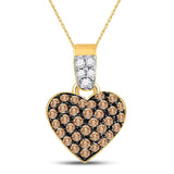 10k Yellow Gold Brown Round Cluster Diamond Womens Heart Pendant 3/8 Cttw