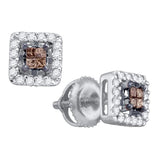 10kt White Gold Womens Princess Brown Diamond Square Earrings 1/3 Cttw