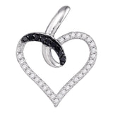 10k White Gold Black Color Enhanced Round Pave-set Diamond Womens Open-Center Heart Pendant 1/4 Cttw