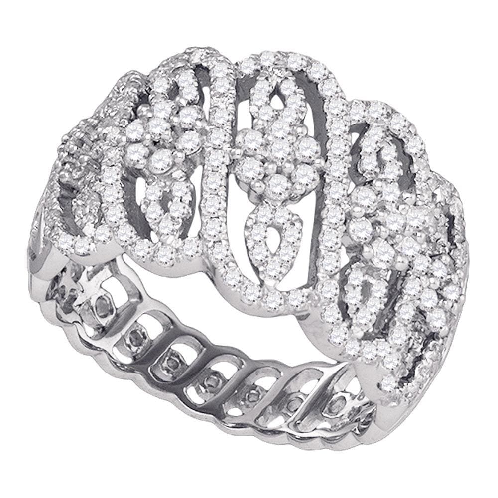 10kt White Gold Womens Round Diamond Striped Cluster Fashion Band Ring 1 Cttw