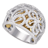 10kt Two-tone White Gold Womens Round Diamond Floral Openwork Band Ring 1 Cttw