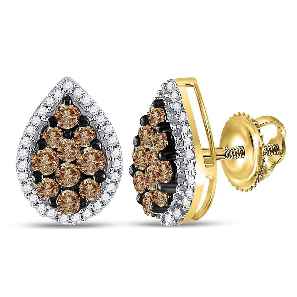 10kt Yellow Gold Womens Round Brown Diamond Teardrop Cluster Earrings 1 Cttw