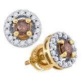 10kt Yellow Gold Womens Round Brown Diamond Halo Stud Earrings 3/4 Cttw