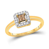 10kt Yellow Gold Womens Princess Brown Diamond Square Cluster Halo Ring 1/4 Cttw