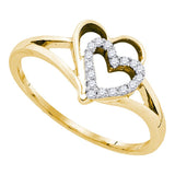 10kt Yellow Gold Womens Round Diamond Double Nested Heart Ring 1/8 Cttw