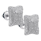 Sterling Silver Mens Round Diamond Puffed Square Cluster Earrings 1/6 Cttw