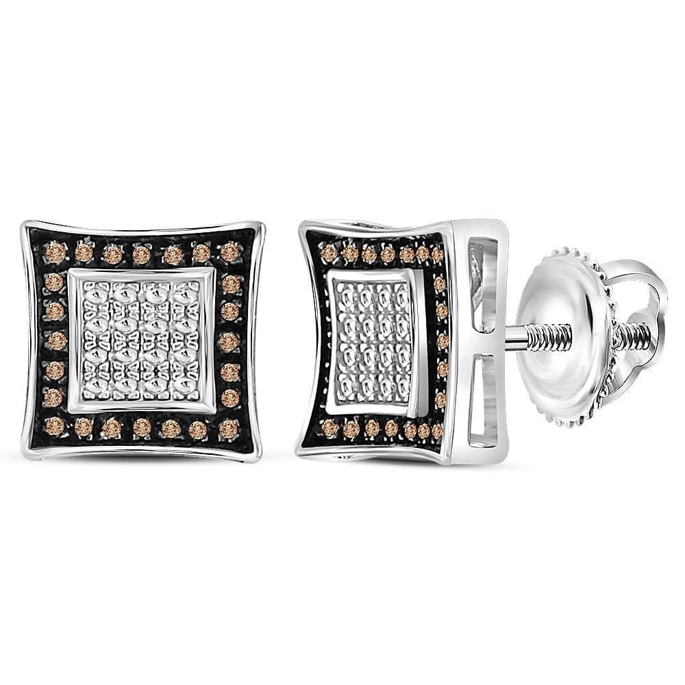 Sterling Silver Mens Round Brown Diamond Square Kite Stud Earrings .03 Cttw
