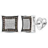 Sterling Silver Mens Round Brown Diamond Square Kite Stud Earrings .03 Cttw