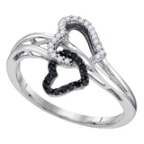 10k White Gold Black Color Enhanced Round Diamond Womens Double Heart Ring 1/6 Cttw