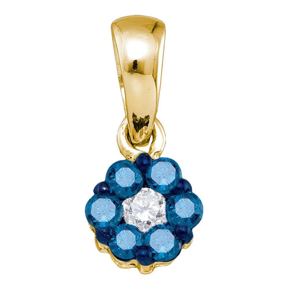 10kt Yellow Gold Womens Round Blue Color Enhanced Diamond Flower Cluster Pendant 1/4 Cttw