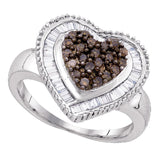 Sterling Silver Womens Round Brown Diamond Heart Cluster Ring 3/4 Cttw