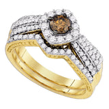 14kt Yellow Gold Womens Brown Diamond Bridal Wedding Ring Band Set 1 Cttw