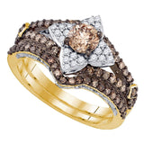 14kt Yellow Gold Womens Brown Diamond Bridal Wedding Ring Band Set 1-1/3 Cttw