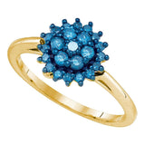 10kt Yellow Gold Womens Round Blue Color Enhanced Diamond Flower Cluster Ring 1/2 Cttw