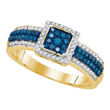 10kt Yellow Gold Womens Round Blue Color Enhanced Diamond Square Cluster Ring 1/2 Cttw