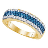10kt Yellow Gold Womens Round Blue Color Enhanced Diamond Striped Band Ring 7/8 Cttw
