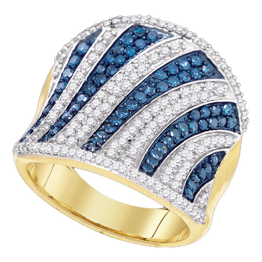 10kt Yellow Gold Womens Round Blue Color Enhanced Diamond Concave Vertical Stripe Ring 1-3/8 Cttw