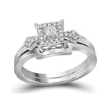 10k White Gold Princess Diamond Square Halo Bridal Wedding Ring Band Set 1/4 Cttw