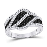 10kt White Gold Womens Round Black Color Enhanced Diamond Stripe Crossover Band Ring 3/8 Cttw