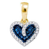 10k Yellow Gold Blue Color Enhanced Round Diamond Womens Heart Anniversary Pendant 1/10 Cttw