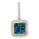 10kt Yellow Gold Womens Round Blue Color Enhanced Diamond Square Cluster Pendant 1/4 Cttw