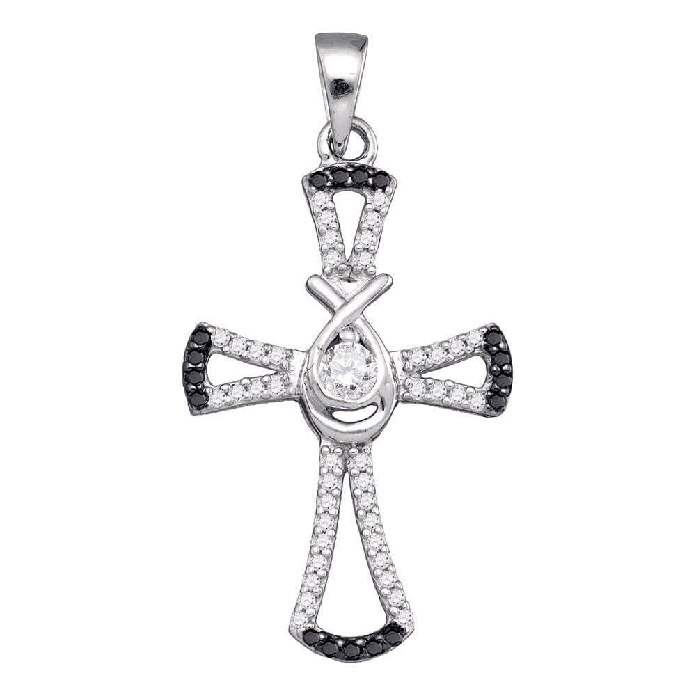 Sterling Silver Womens Black White Round Diamond Solitaire Cross Pendant 1/4 Cttw