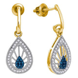 10kt Yellow Gold Womens Round Blue Color Enhanced Diamond Teardrop Dangle Earrings 1/4 Cttw