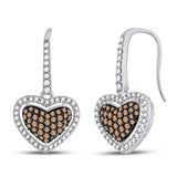 10kt White Gold Womens Brown Diamond Heart Dangle Earrings 5/8 Cttw