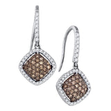 10kt White Gold Womens Round Brown Diamond Square Cluster Dangle Earrings 5/8 Cttw