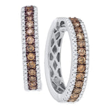 14kt White Gold Womens Round Cognac-brown Color Enhanced Diamond Hoop Earrings 1.00 Cttw