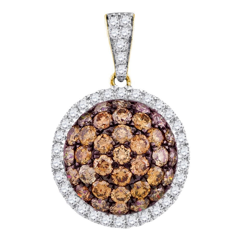 10kt Yellow Gold Womens Round Cognac-brown Color Enhanced Diamond Circle Frame Cluster Pendant 1-1/2 Cttw