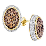 10kt Yellow Gold Womens Round Cognac-brown Color Enhanced Diamond Oval Rope Frame Cluster Earrings 2-1/2 Cttw