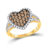 10kt Yellow Gold Womens Round Brown Diamond Heart Ring 1-1/3 Cttw