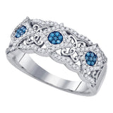 10kt White Gold Womens Round Blue Color Enhanced Diamond Cluster Filigree Band Ring 3/8 Cttw