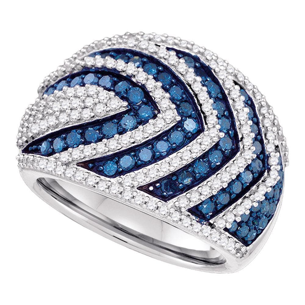 10kt White Gold Womens Round Blue Color Enhanced Diamond Striped Fashion Ring 1-3/4 Cttw