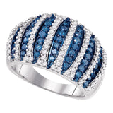 10kt White Gold Womens Round Blue Color Enhanced Diamond Striped Fashion Ring 1-5/8 Cttw