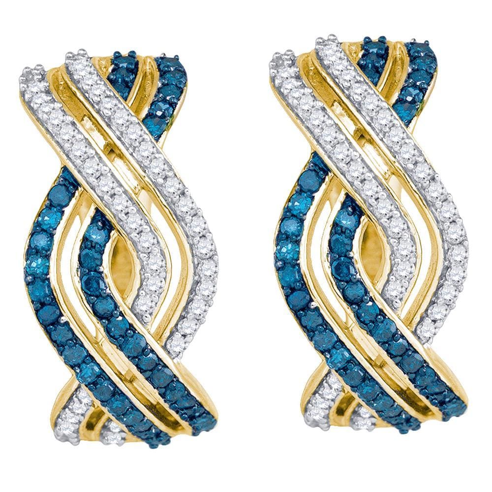 10kt Yellow Gold Womens Round Blue Color Enhanced Diamond Entwined Woven Stripe Hoop Earrings 5/8 Cttw