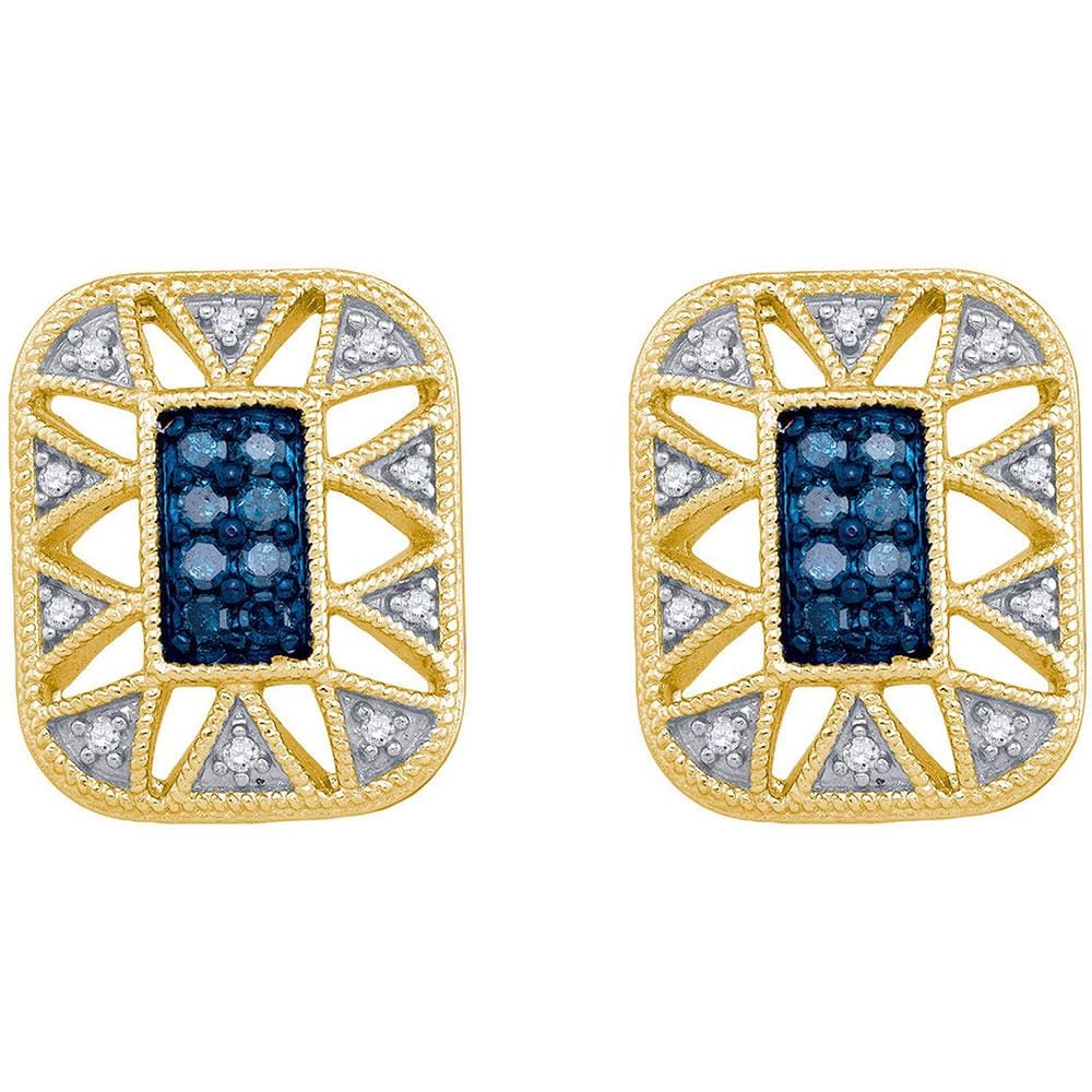 10kt Yellow Gold Womens Round Blue Color Enhanced Diamond Rectangle Cluster Earrings 1/4 Cttw