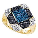 10kt Yellow Gold Womens Round Blue Black Color Enhanced Diamond Square Cluster Ring 7/8 Cttw