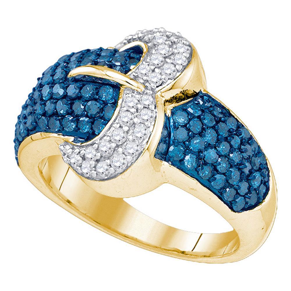 10kt Yellow Gold Womens Round Blue Color Enhanced Diamond Buckle Ring 1-3/8 Cttw