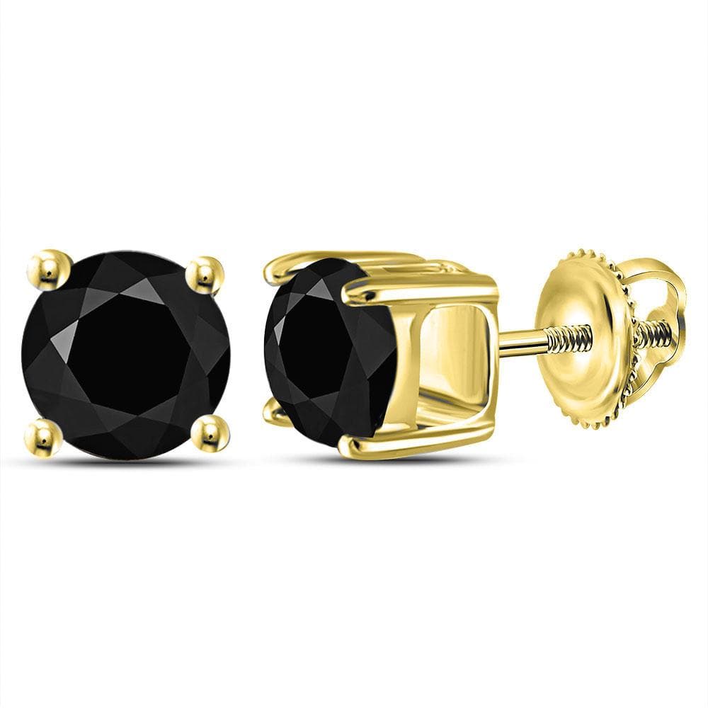 14kt Yellow Gold Unisex Round Black Color Enhanced Diamond Solitaire Stud Earrings 2 Cttw