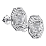 Sterling Silver Mens Round Diamond Octagon Cluster Stud Earrings 1/6 Cttw