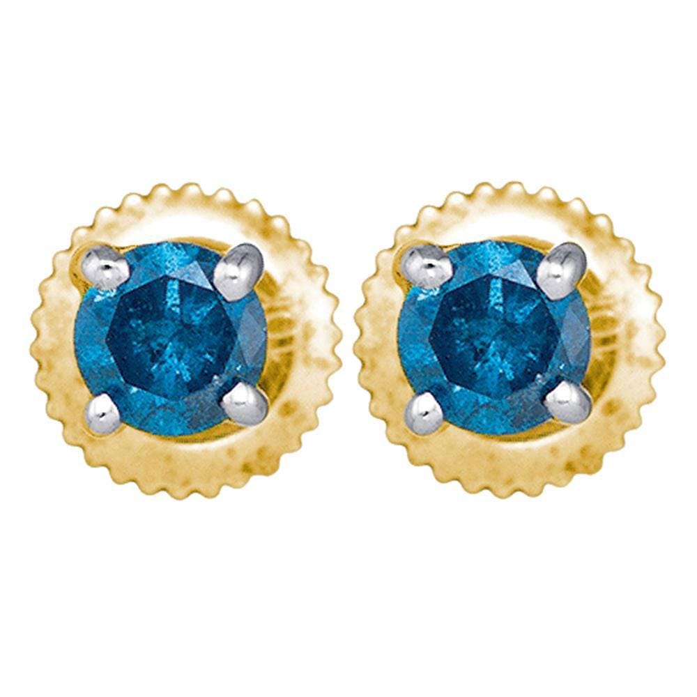 10kt Yellow Gold Womens Round Blue Color Enhanced Diamond Solitaire Stud Earrings 1/4 Cttw