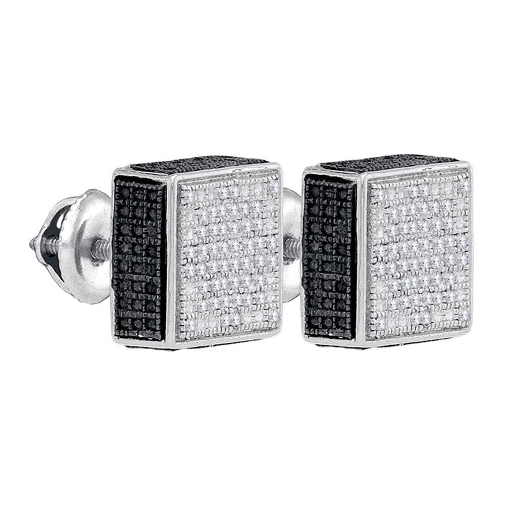 Sterling Silver Mens Round Black Color Enhanced Diamond Square 3D Stud Earrings 1/4 Cttw