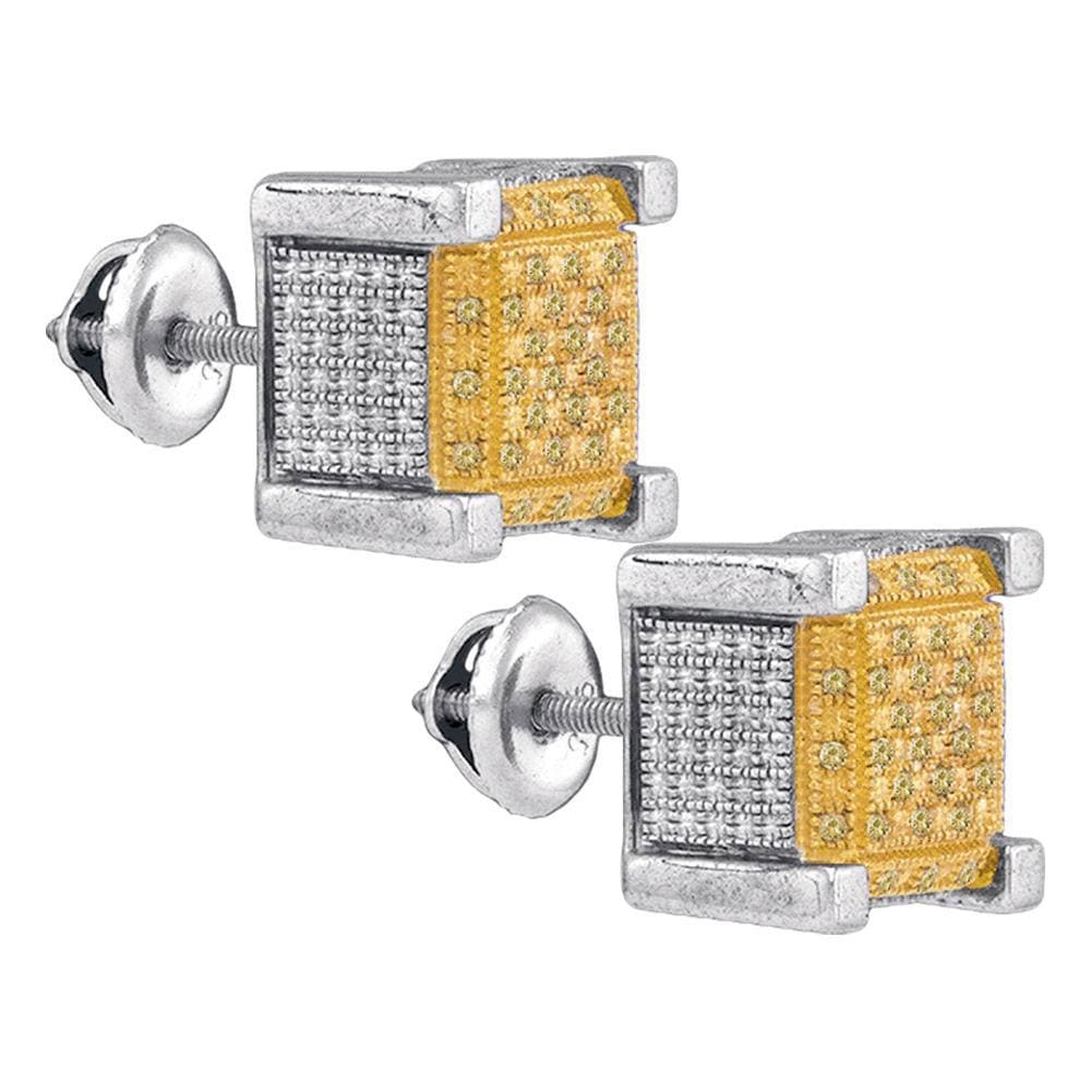 Sterling Silver Mens Round Yellow Color Enhanced Diamond 3D Cube Stud Earrings 1/5 Cttw