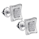 Sterling Silver Mens Round Diamond Square Kite Cluster Earrings 1/10 Cttw