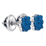 Sterling Silver Womens Round Blue Color Enhanced Diamond Cluster Stud Earrings 1/20 Cttw
